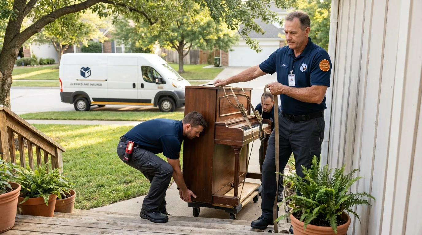 Licensed piano movers securing grand piano in Vineyard Haven, MA