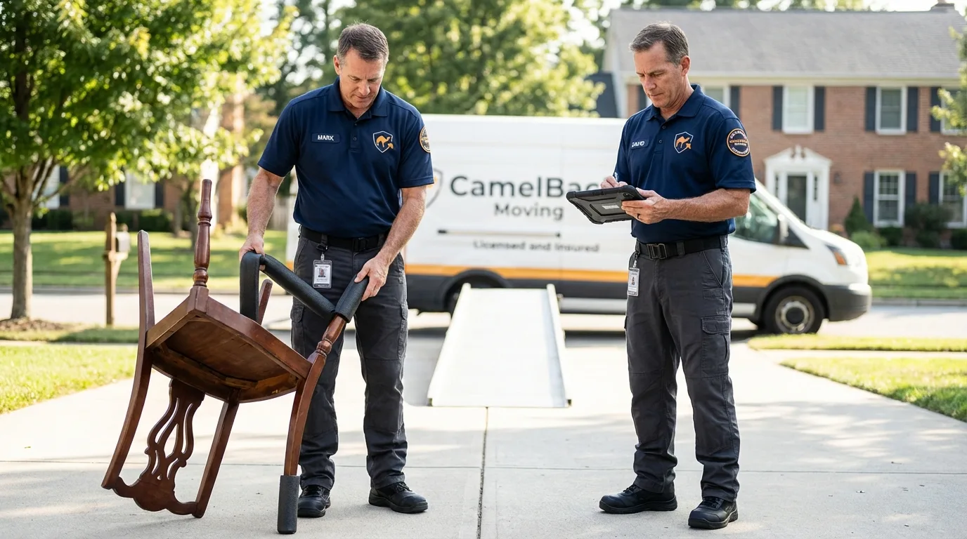 Movers inspecting furniture for damage prevention before loading in Vineyard Haven, MA