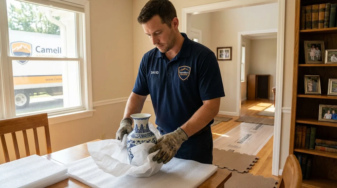Professional crew carefully wrapping antique vase for senior downsizing move in Vineyard Haven, MA