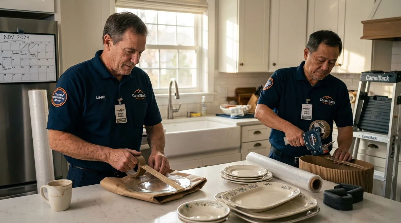 Professional crew packing kitchen dishware in Vineyard Haven, MA
